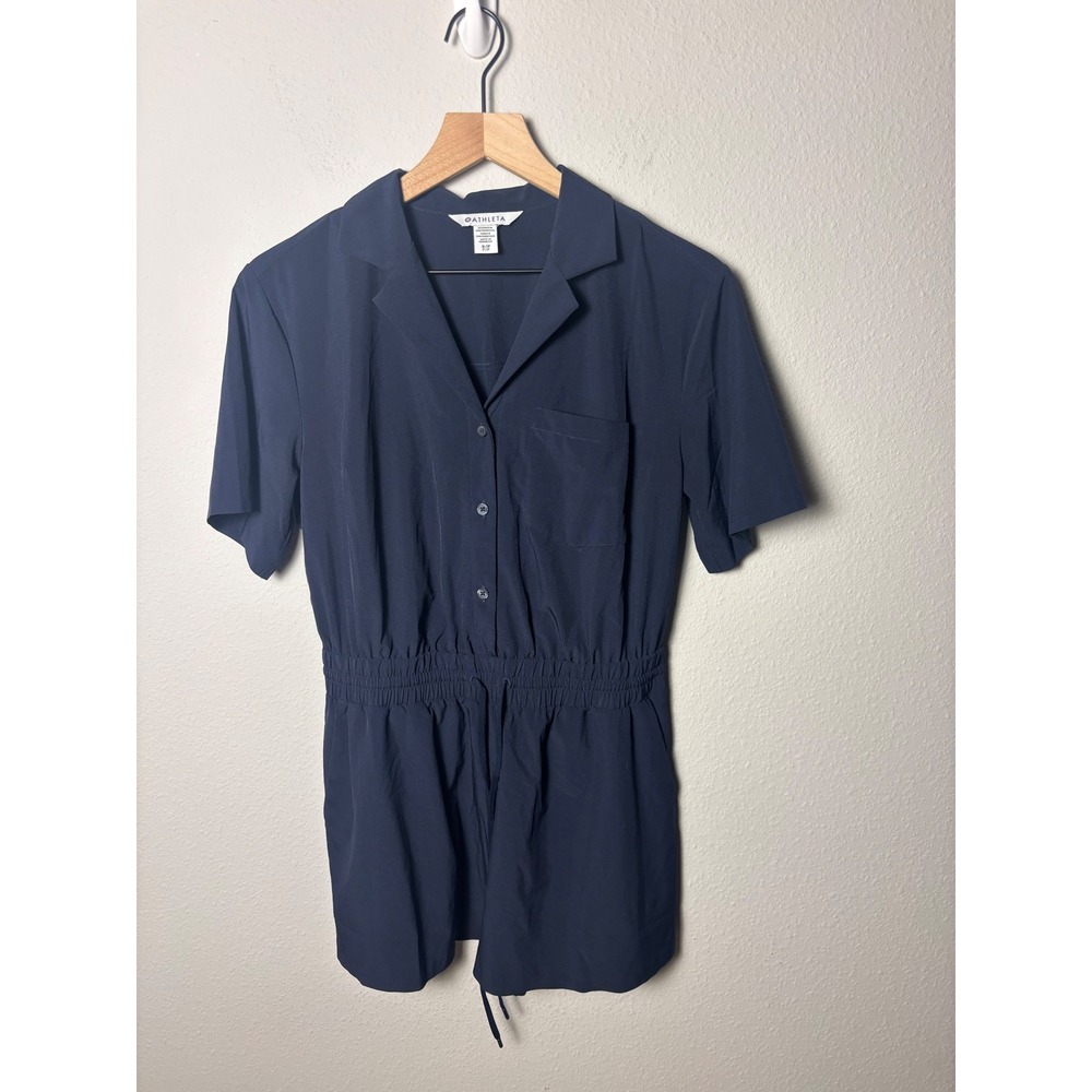 Athleta Avenue Romper Navy Blue Short Sleeve Button Front Petite Small SP Romper